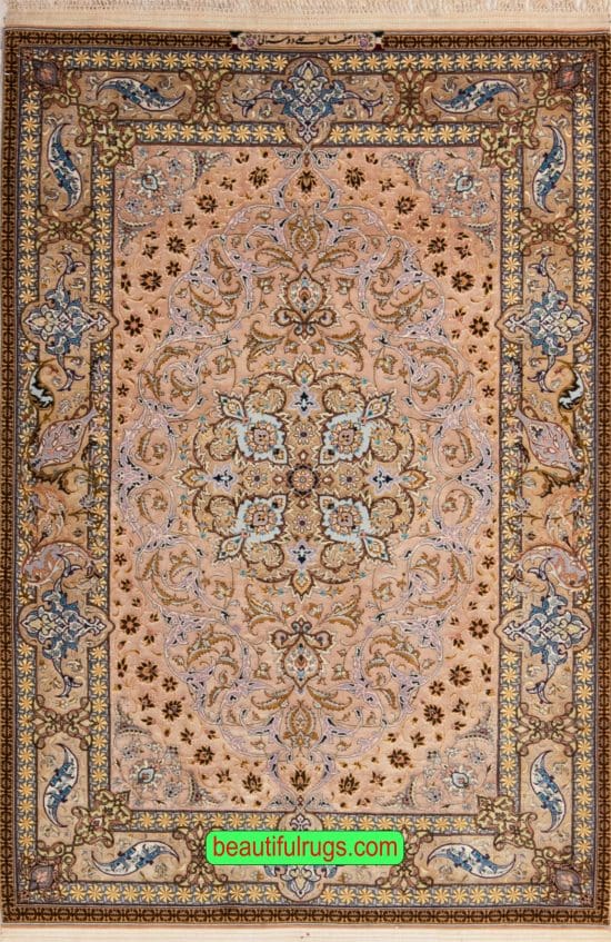 Handmade Persian silk rug, Vegetable dye Persian Isfahan rug. Size 4.4x6.5