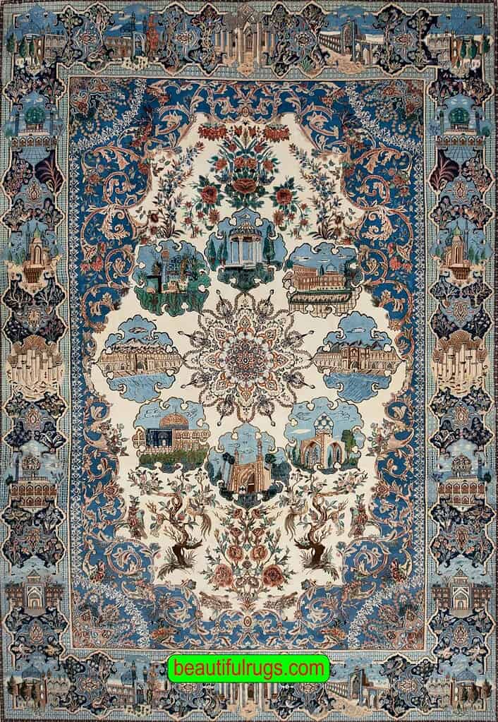1133- Persian Nain rug illustrating Persepolis and the tomb of Hafez. A masterpiece crafted by Tavasoli. Size 8.6x12.4.