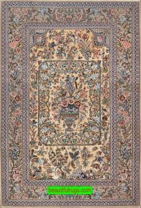 Persian Isfahan silk and wool rug with birds and flowers. Size 5x7.4