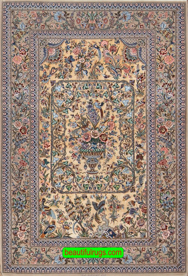 Persian Isfahan silk and wool rug with birds and flowers. Size 5x7.4