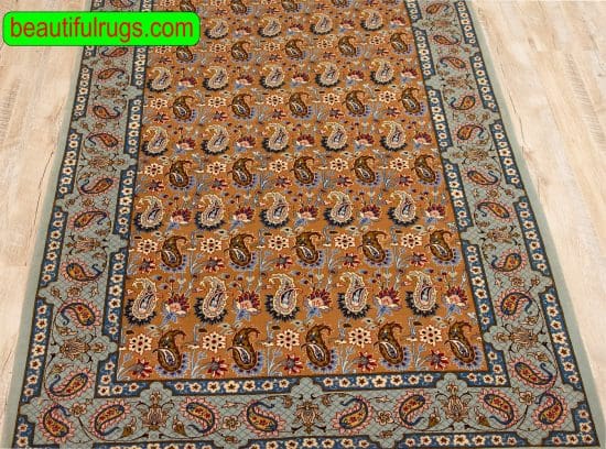 Paisely design carpet, handmade Iranian Esfahan carpet in brown and green blue made of kork wool and silk. Size 3.10x5.8.