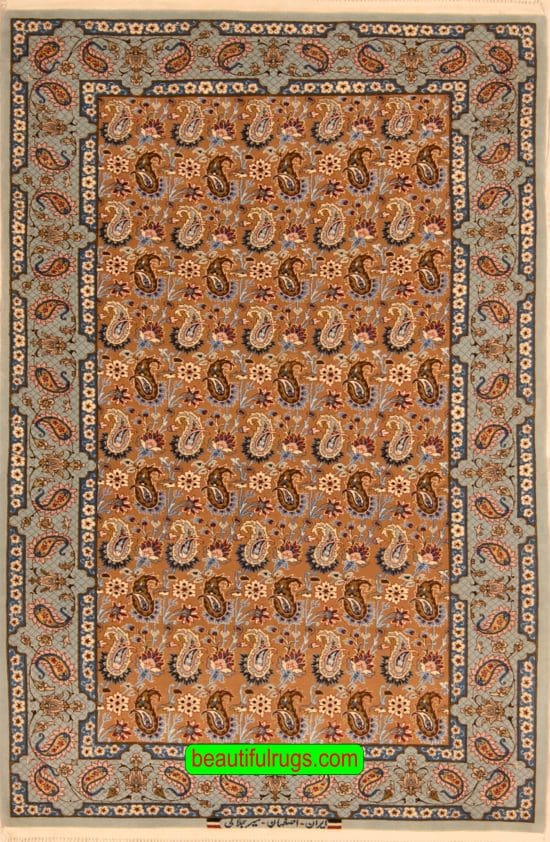 Paisely design carpet, handmade Iranian Esfahan carpet in brown and green blue made of kork wool and silk. Size 3.10x5.8.