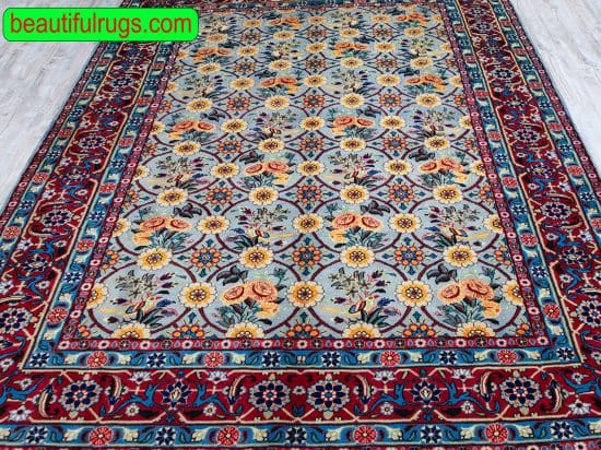 Garden Design Rug, Handmade Persian Veramin Rug, Grey Blue Rug. Size 6.8x9.6