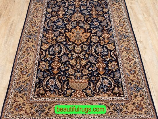 Esfahan carpets, navy blue wool and silk Esfahan carpet with flowers and birds. Size 3.10x6.