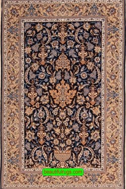 Esfahan carpets, navy blue wool and silk Esfahan carpet with flowers and birds. Size 3.10x6.