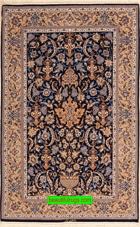 Esfahan carpets, navy blue wool and silk Esfahan carpet with flowers and birds. Size 3.10x6.