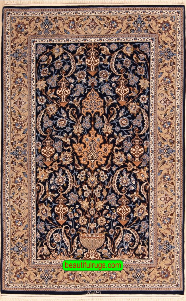 Handmade Persian Isfahan Rug, Navy Blue and Beige Color Isfahan Rug, size 3.10x6