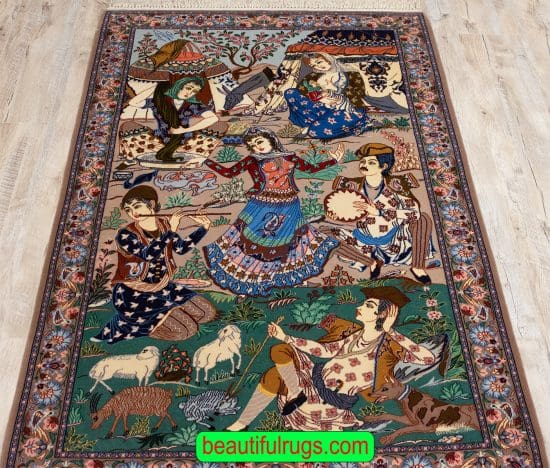 Handmade Pictorial Rug, Persian Isfahan Iliati Design Rug, Kurk Wool Rug. Size 3.4x5.2