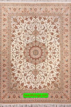 10x13 rug, hand knotted Persian Isfahan in beige and terracotta colors, kork wool and silk.