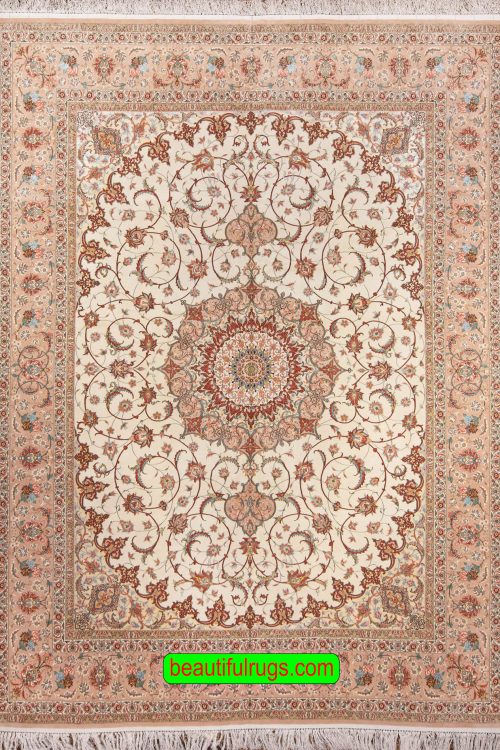 Persian Isfahan rugs, beige and terracotta colors, kork wool and silk. Size 10.2x13.3