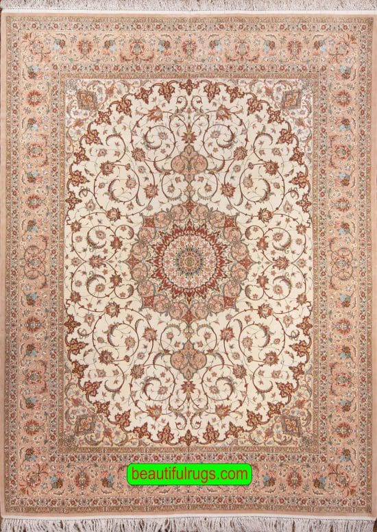 10x13 rug, hand knotted Persian Isfahan in beige and terracotta colors, kork wool and silk.