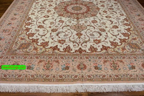 10x13 rug, hand knotted Persian Isfahan in beige and terracotta colors, kork wool and silk.