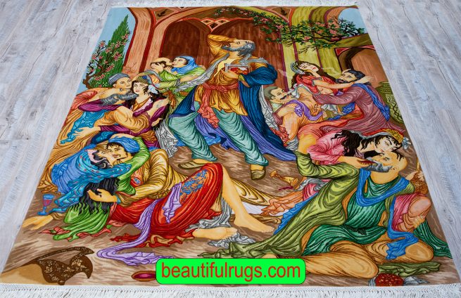 Hafez rug, handmade pictorial Persian Tabriz rug, multicolor. Size 4.10x6.5