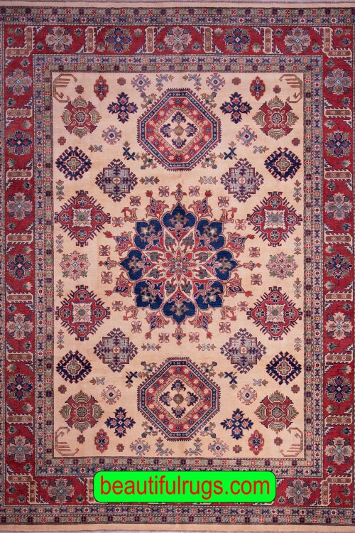 Handmade Kazak design rug, beige and red color. Size 9x11.7
