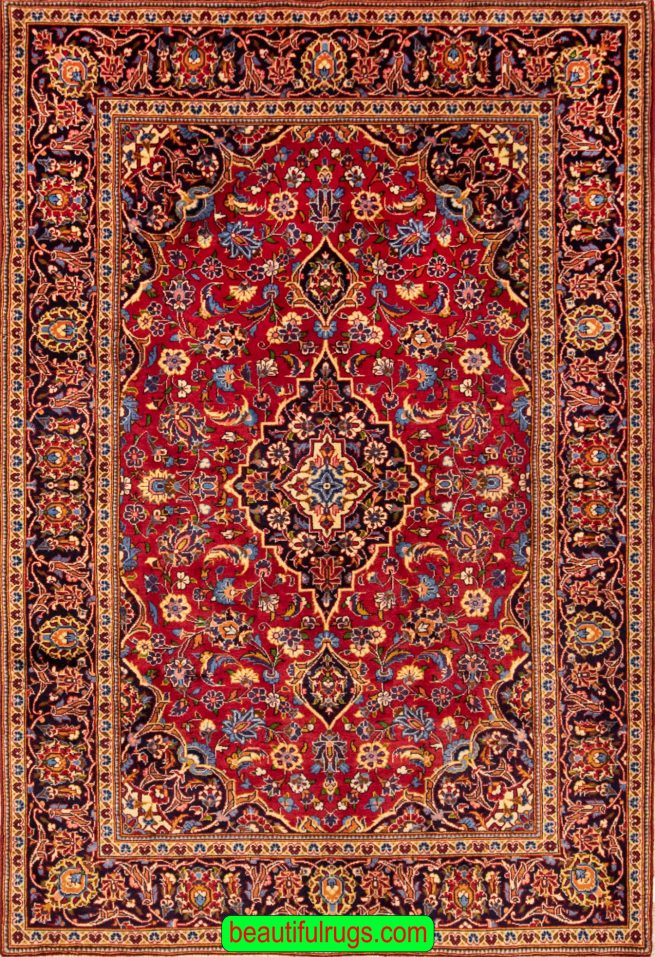 Old Rug, Handmade Persian Kashan Rug, Traditional Red Color Rug