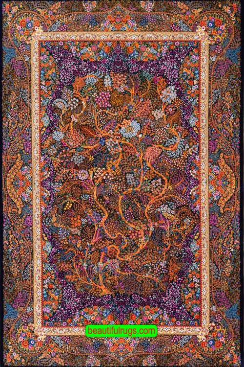 Pure silk Persian Qum silk rug, multicolor tree of life rug. Size 4.6x7