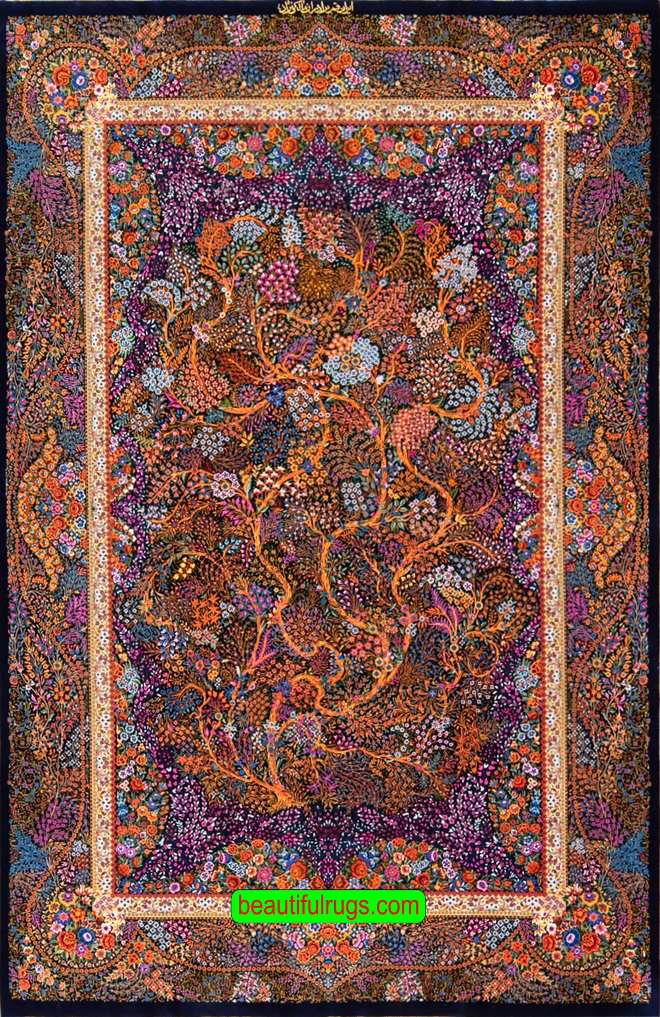 Pure silk Persian Qum silk rug, multicolor tree of life rug. Size 4.6x7