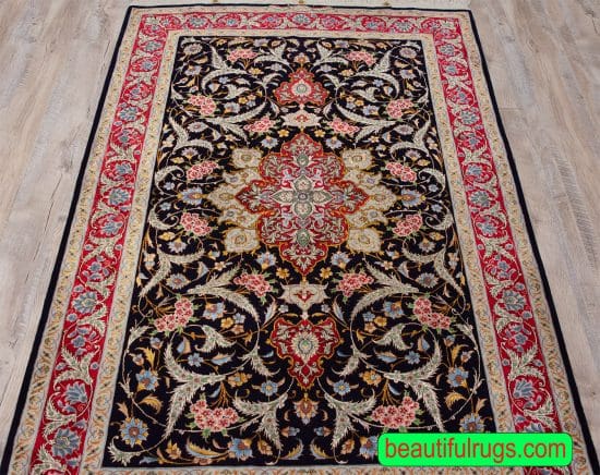 Silk and Wool Persian Tabriz Rug, Black & Red Color, size 3.10x6.1