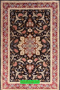 Silk and Wool Persian Tabriz Rug, Black & Red Color, size 3.10x6.1