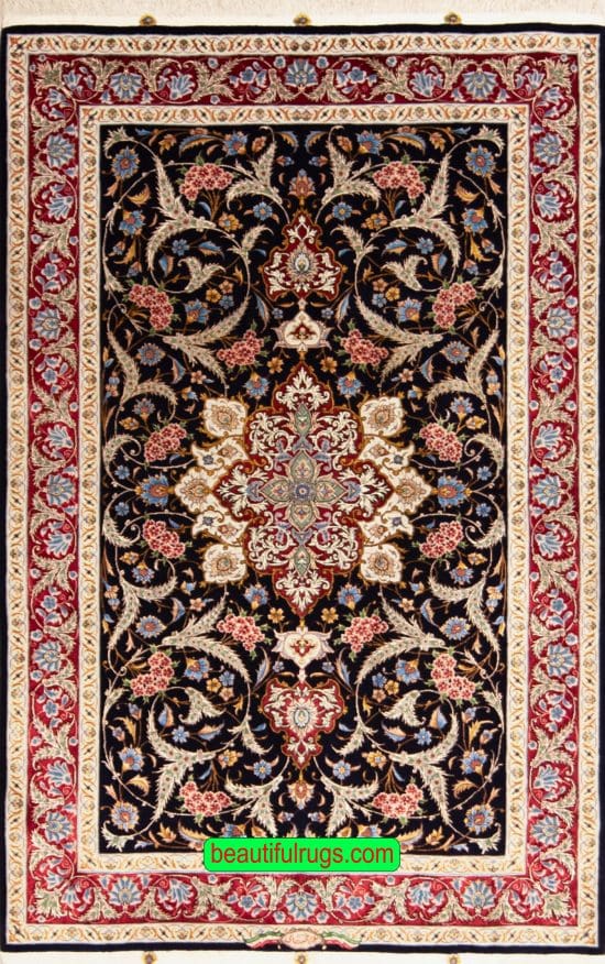 Silk and Wool Persian Tabriz Rug, Black & Red Color, size 3.10x6.1