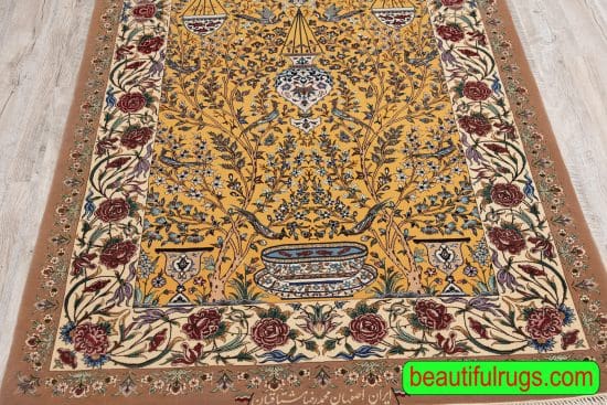 Persian Isfahan tree of life rug with gold and taupe colors. Size 4.2x6