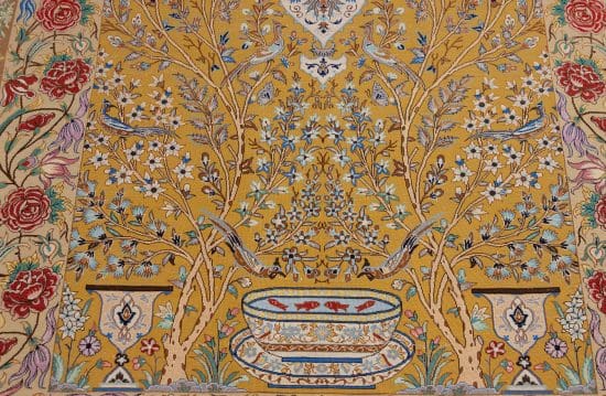 Persian Isfahan tree of life rug with gold and taupe colors. Size 4.2x6