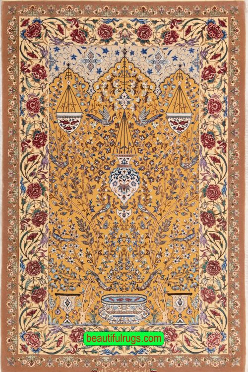 Persian Isfahan tree of life rug with gold and taupe colors. Size 4.2x6