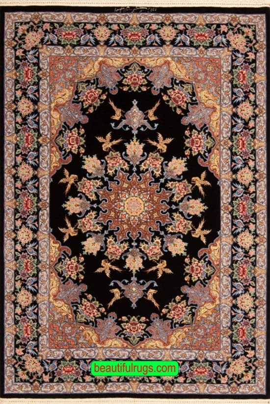 Iran rug, handmade Persian Isfahan rug with birds and flowers in black color. Size 3.6x5.