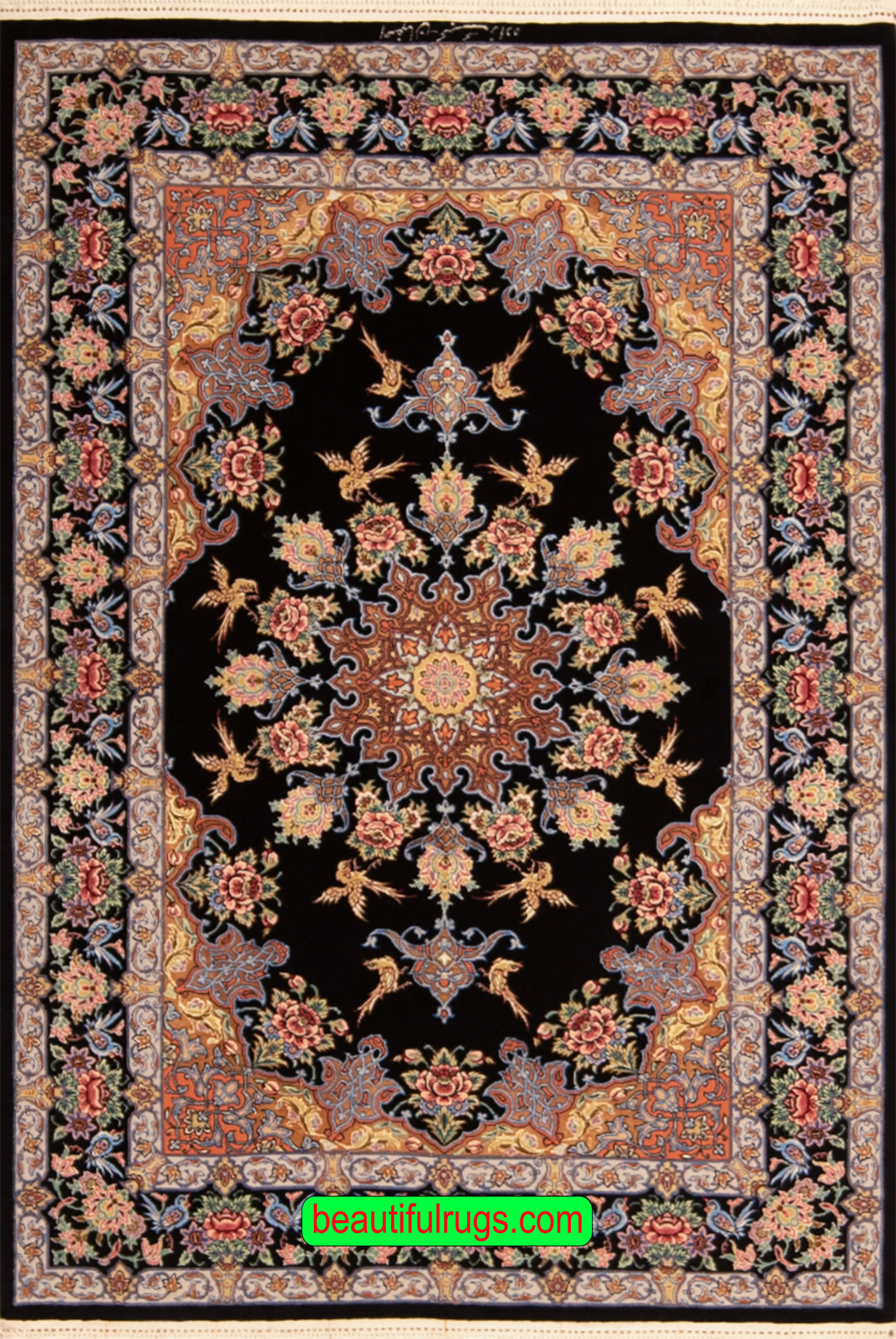 Persian Isfahan Rug with Black and Gold colors. Size 3.6x5.