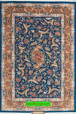 Hand knotted Esfahan carpet in blue and brown colors. Vegetable dyed kork wool and silk rug. Size 4x6.2.