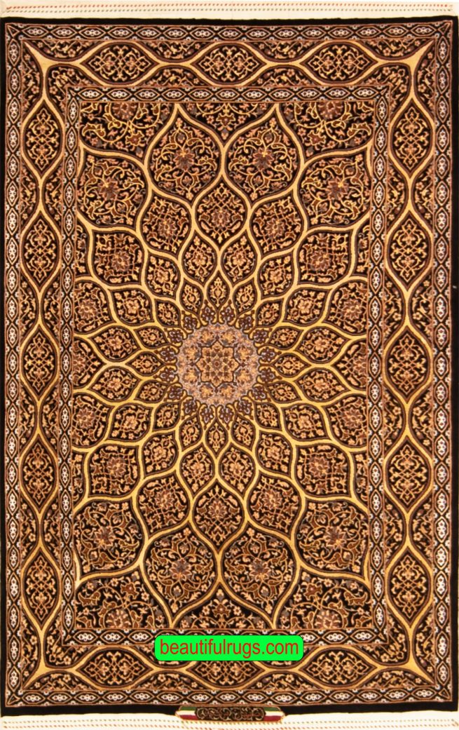 Persian Isfahan rug Gonbad, dome design with black and gold colors. Size 3.5x5.4
