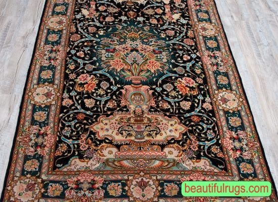 Handmade Persian Tabriz wool rug with black and green colors. Size 4x6.3