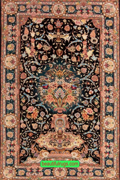 Handmade Persian Tabriz wool rug with black and green colors. Size 4x6.3