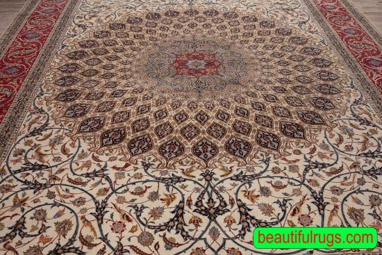 Handmade Persian Isfahan wool and silk rug, beige color background and rustic red border with round center medallion. Size 10.2x13.7.