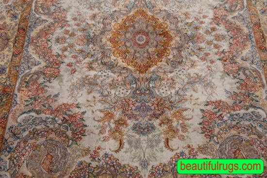 Silk Persian Tabriz rug with beige and brown colors. Size 4.10x7.3
