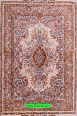 Silk Persian Tabriz rug with beige and brown colors. Size 4.10x7.3