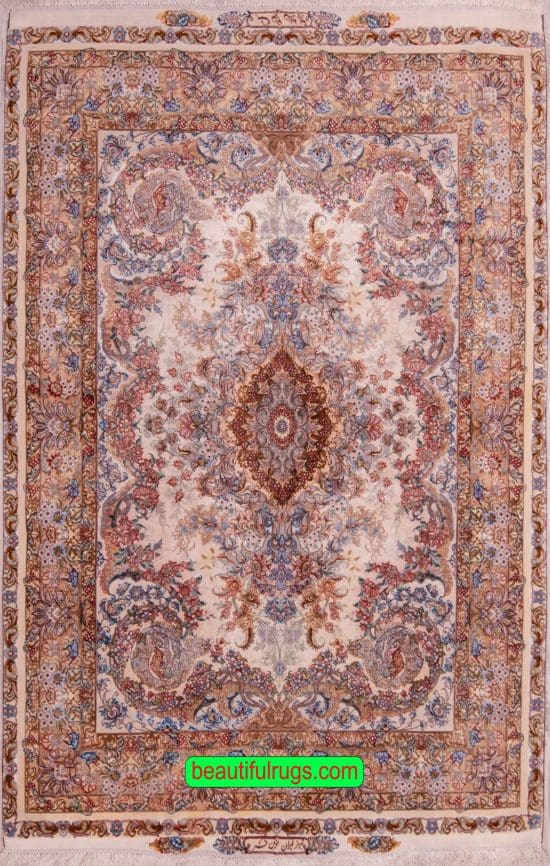 Silk Persian Tabriz rug with beige and brown colors. Size 4.10x7.3