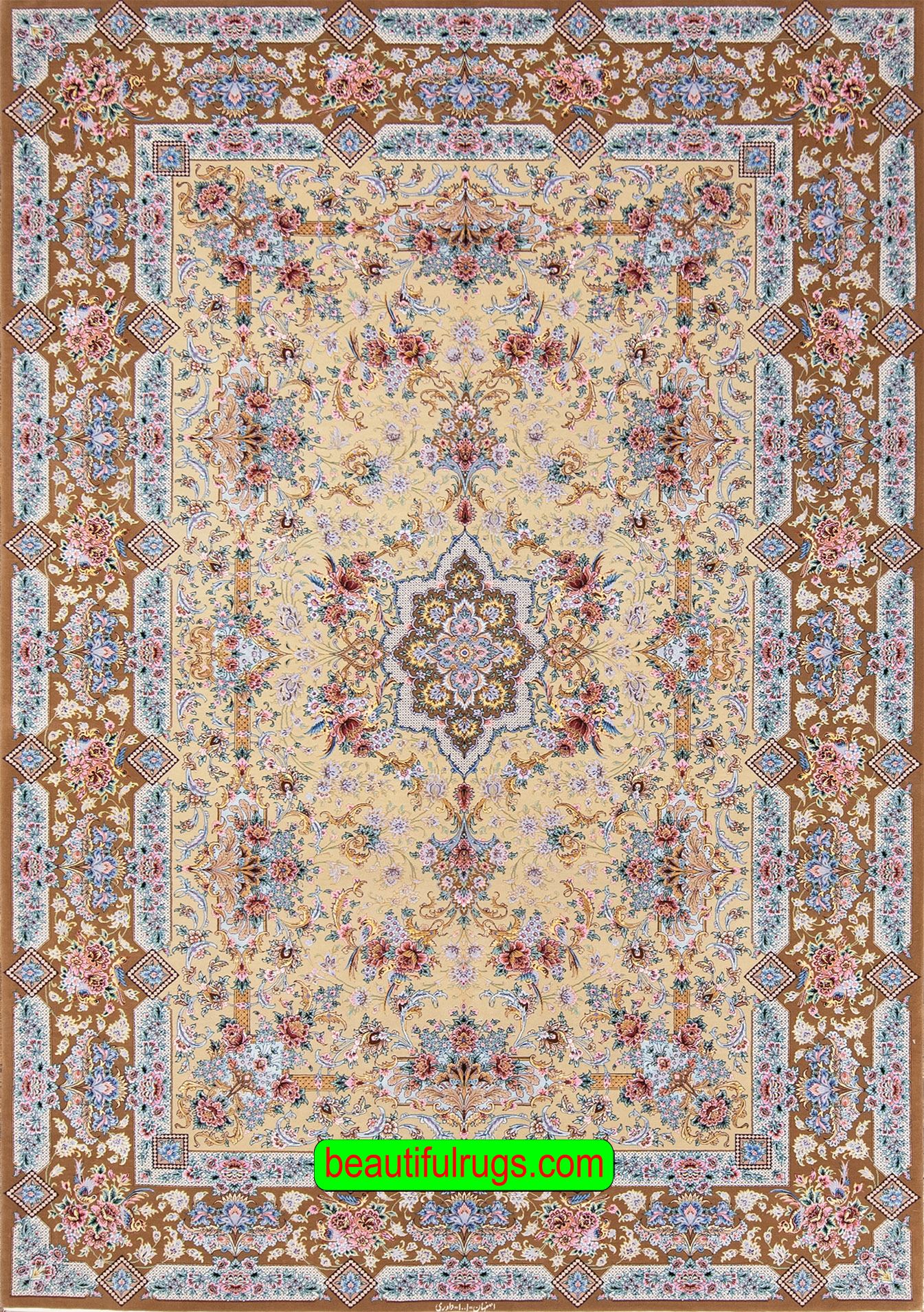 Persian Isfahan wool and silk rug in beige and pastel colors. Size 6.6x10.