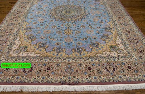 Blue color silk and wool handmade Persian Isfahan rug. Size 8.5x12.2