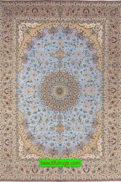 Blue color silk and wool handmade Persian Isfahan rug. Size 8.5x12.2