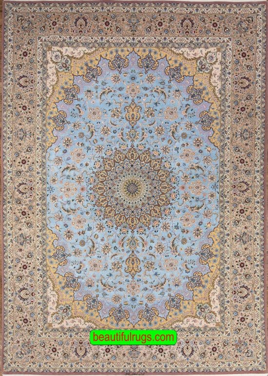 Blue color silk and wool handmade Persian Isfahan rug. Size 8.5x12.2