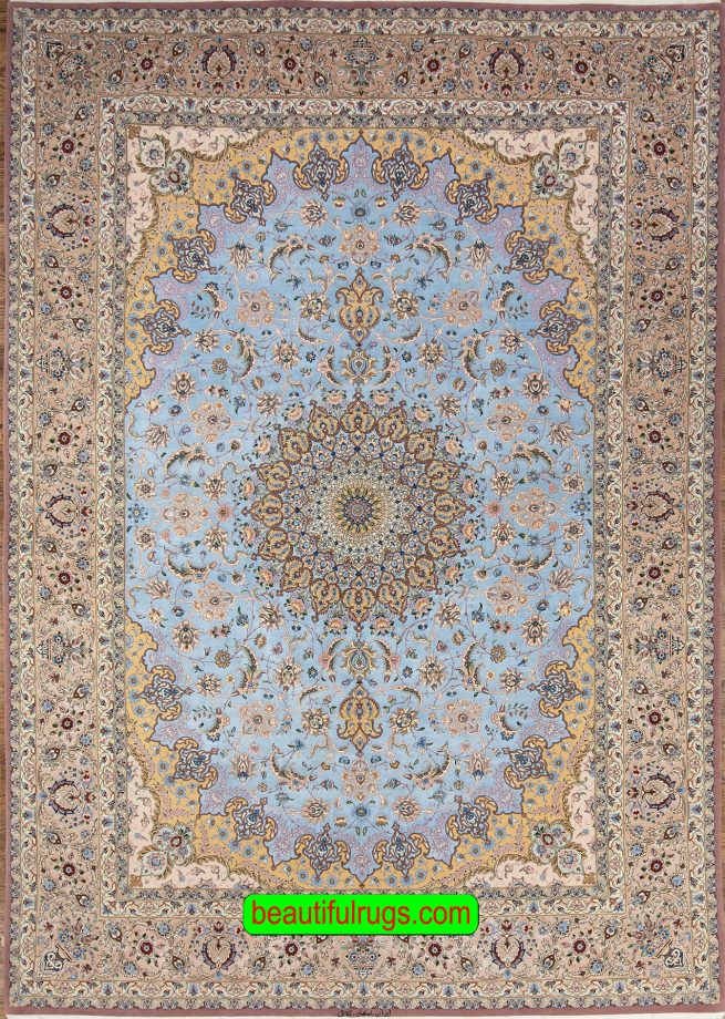 Blue color silk and wool handmade Persian Isfahan rug. Size 8.5x12.2