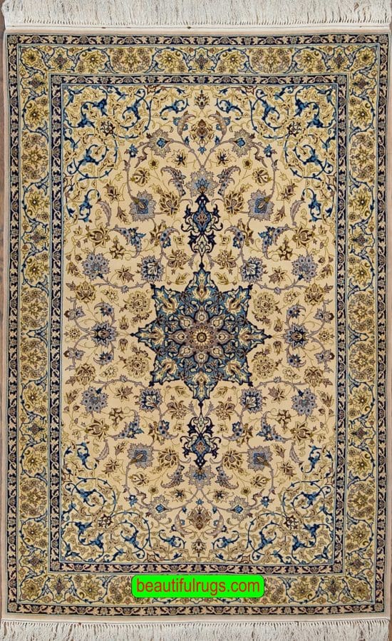 Beige and blue color Persian Isfahan rug by Sarraf Mamouri. Size 3.9x6.2