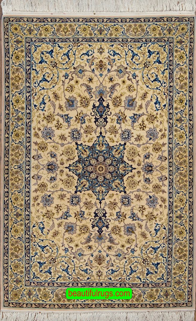 Beige and blue color Persian Isfahan rug by Sarraf Mamouri. Size 3.9x6.2