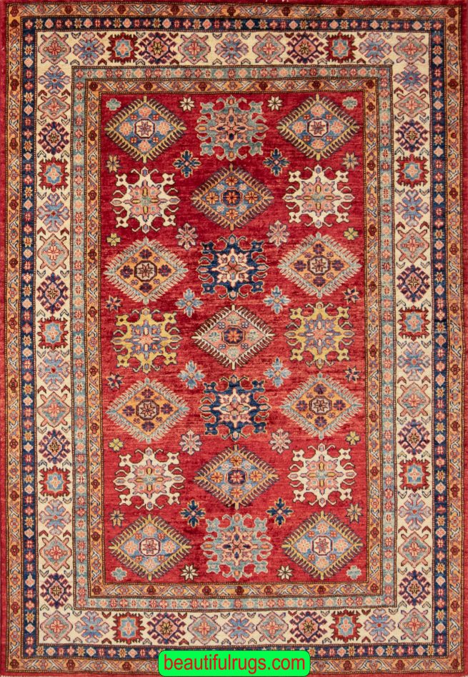 Hand knotted rug oriental rug, Kazak design rug in red color. Size 5.2x6.7