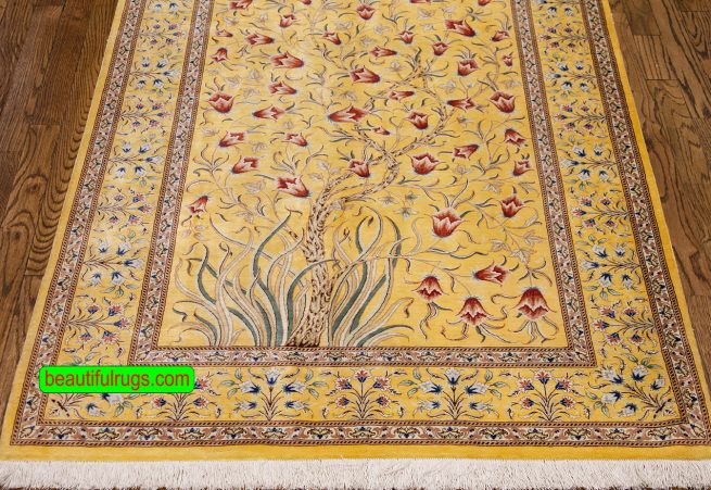 Pure silk Persian Qum tree of life rug, yellow color. Size 3.4x5.