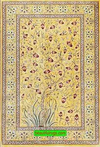 2507- Exquisite yellow rug. handmade Persian Qum pure silk rug in a unique tree of life design. Size 3.4x5. 