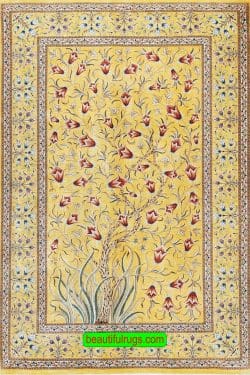 Pure silk Persian Qum tree of life rug, yellow color. Size 3.4x5.