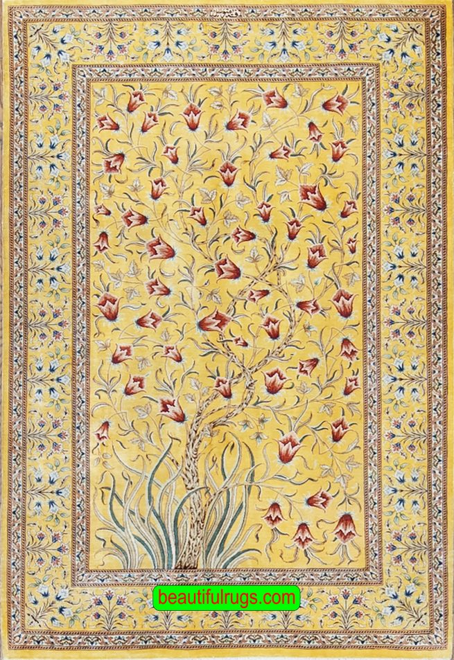 Pure silk Persian Qum tree of life rug, yellow color. Size 3.4x5.