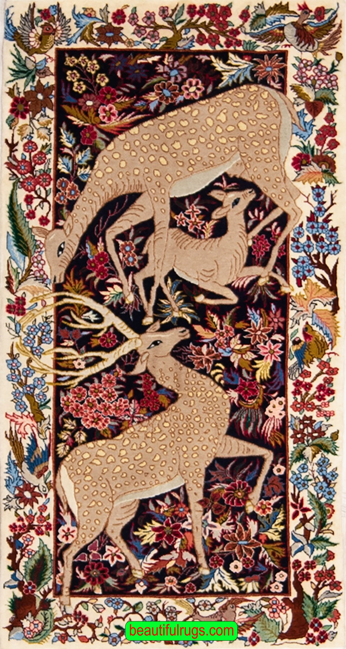 Handmade Persian Sarouk rugs with Deer motifs, flowers and birds, multicolor rugs. Size 2.4x4.2.